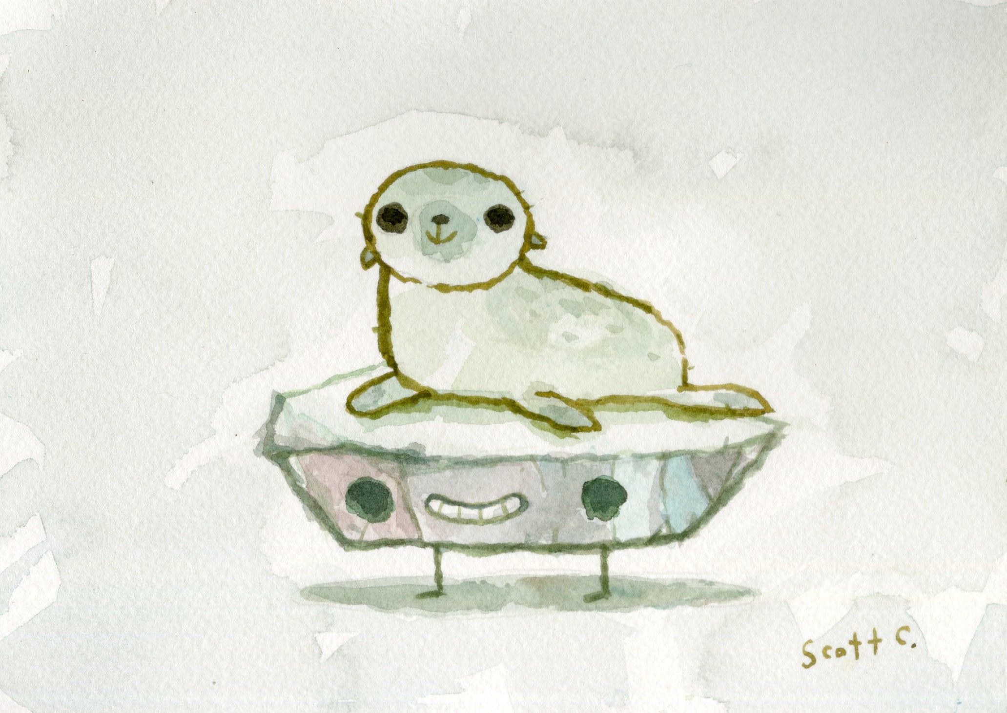 A watercolor by Scott C. shows a smiling seal pup, titled Baby Seal on Ice, lounging on a happy cartoon UFO with two legs. The artwork is signed by Scott C. in the bottom right corner.