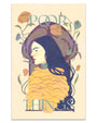 Stylized illustration by Nan Lawson of a woman with long dark hair, pale skin, and red lips in a yellow ruffled garment. Surrounded by floral motifs and "POOR THINGS" text. Archival pigment print for Spoke Art 15th Anniversary.