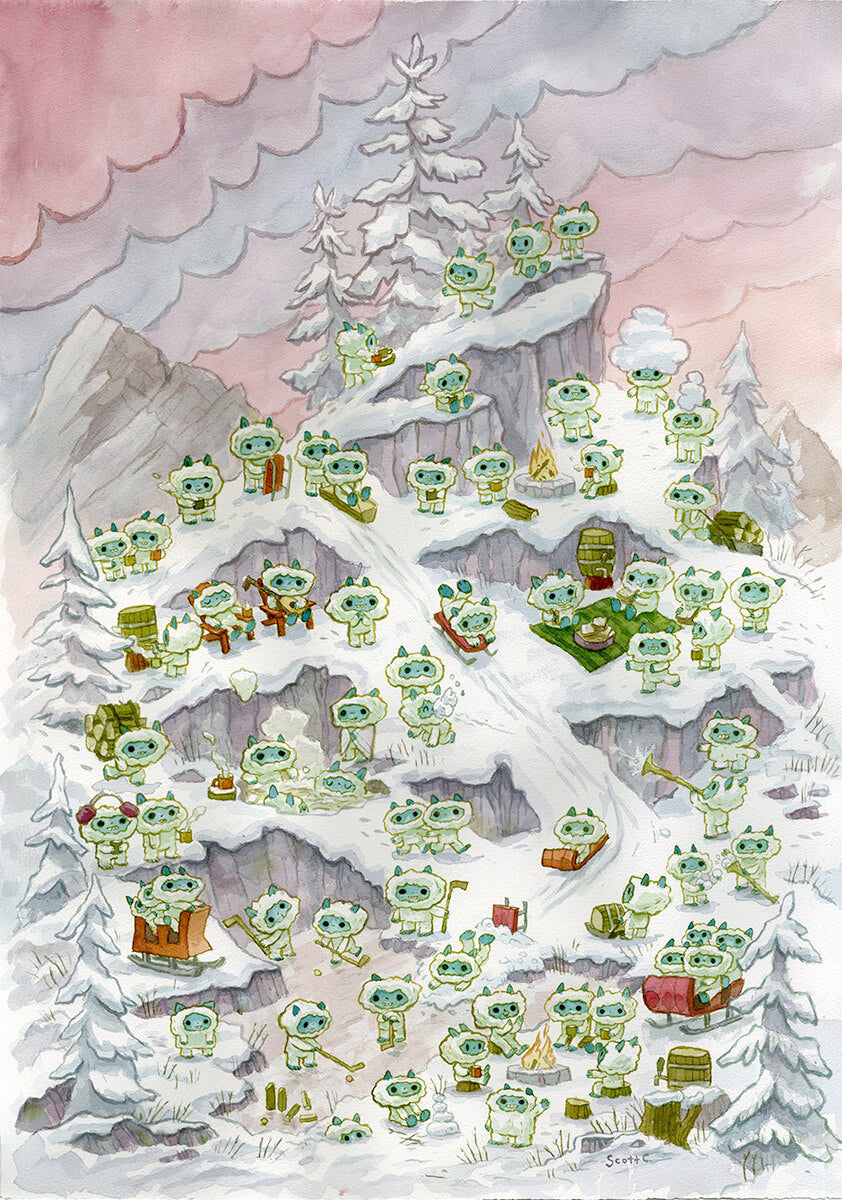 Dozens of small green creatures in winter gear play, ski, and build snowmen on Snow Creature Mountain Top by Scott C., surrounded by snow-covered trees and pink clouds. The scene is whimsical and lively, like a watercolor painting.