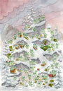 Dozens of small green creatures in winter gear play, ski, and build snowmen on Snow Creature Mountain Top by Scott C., surrounded by snow-covered trees and pink clouds. The scene is whimsical and lively, like a watercolor painting.