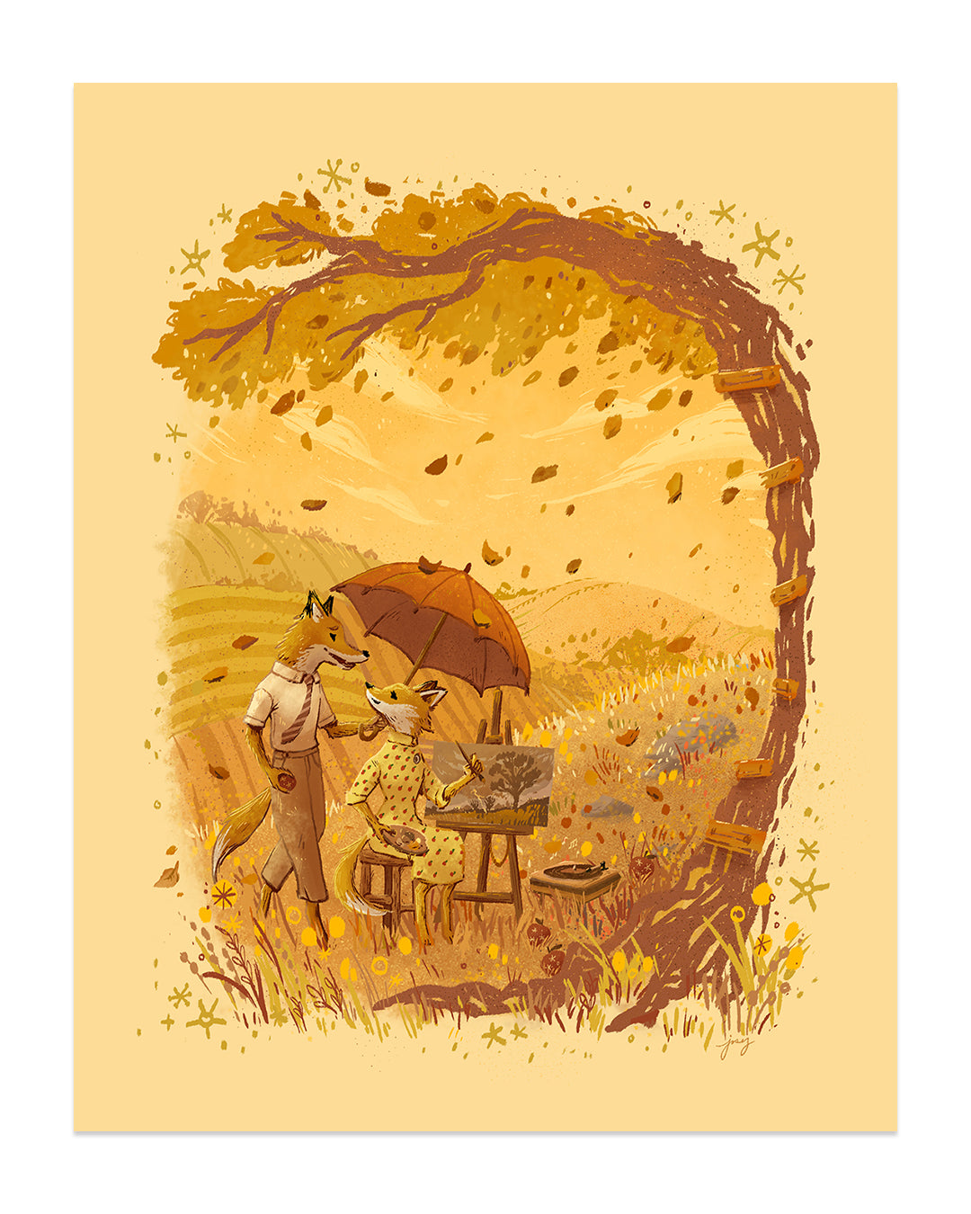 Fall in the Fields by Josey Tsao features anthropomorphic foxes engaged in art; one paints under an umbrella as the other observes, framed by a tree arch with falling leaves. This scene evokes a warm autumnal ambiance, perfect for a Wes Anderson Tribute Art Show.