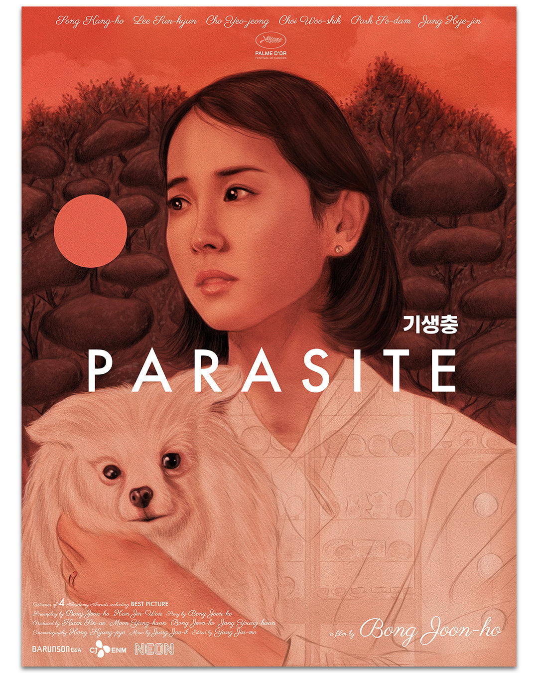 Stephen Campanellas illustrated archival pigment print movie poster for Parasite showcases a woman with long hair holding a fluffy dog against a red-orange backdrop with trees and geometric shapes. It includes the films title in English and Korean, along with credits at the bottom.