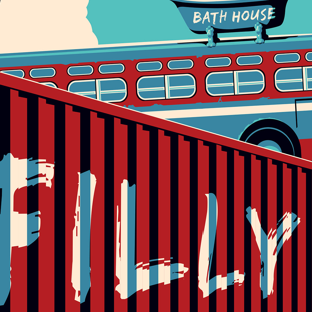 An archival pigment print by Steve Thomas depicts a stylized red and blue vintage bus with a Bath House sign. In the foreground, theres a striking red metal structure with Fallout Filly. The sky is vividly painted in bold contrasting colors.