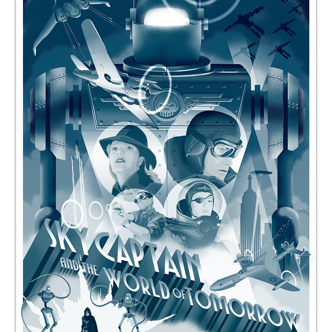 A retro-futuristic movie poster inspired by Sky Captain and the World of Tomorrow, illustrated in Steve Thomas’s signature style and reproduced as a vibrant archival pigment print by Steve Thomas.