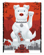 Experience tradition and futurism with Steve Thomas’s limited edition archival pigment print—a large white dog statue, Maneki Inu-style, raises a paw holding a bone with Japanese text against a dynamic city backdrop.