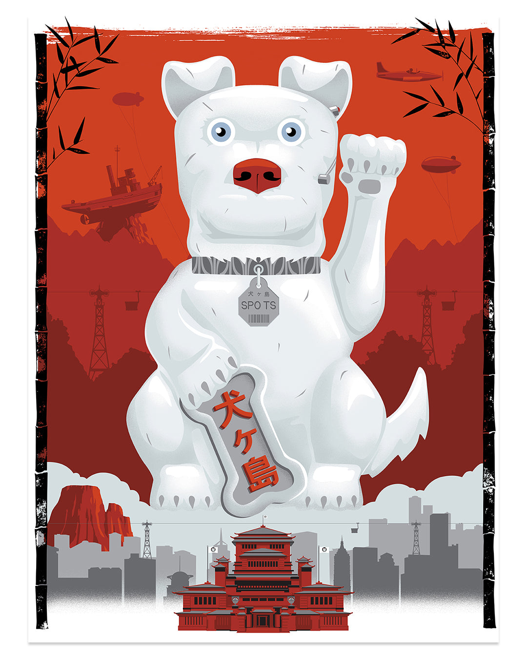 Experience tradition and futurism with Steve Thomas’s limited edition archival pigment print—a large white dog statue, Maneki Inu-style, raises a paw holding a bone with Japanese text against a dynamic city backdrop.