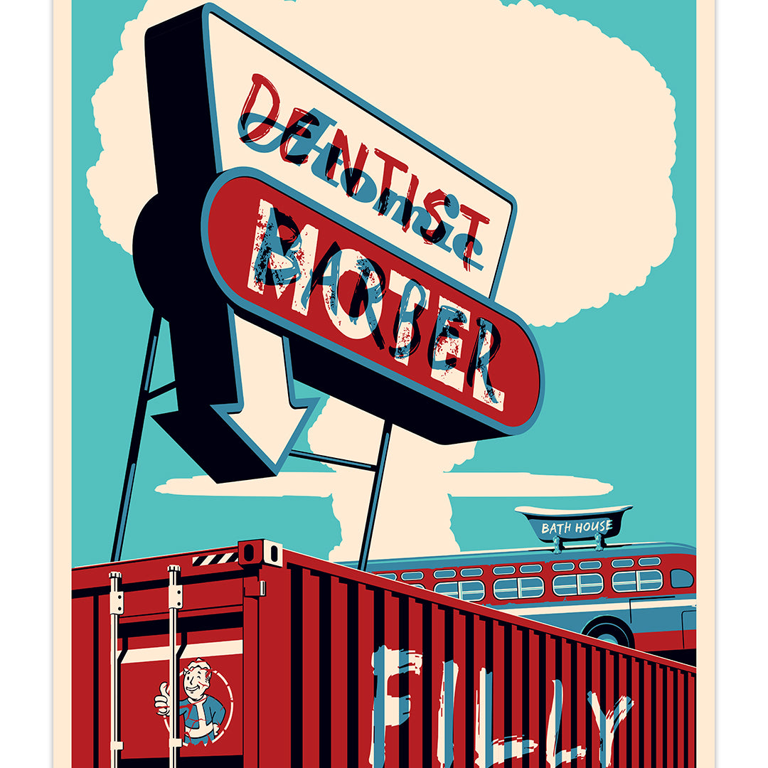 A Steve Thomas print features a retro sign Dentist Mober and Fallout Filly on a colorful container. The limited edition archival pigment print showcases a vintage car labeled Bath House against a teal sky with a large cloud.