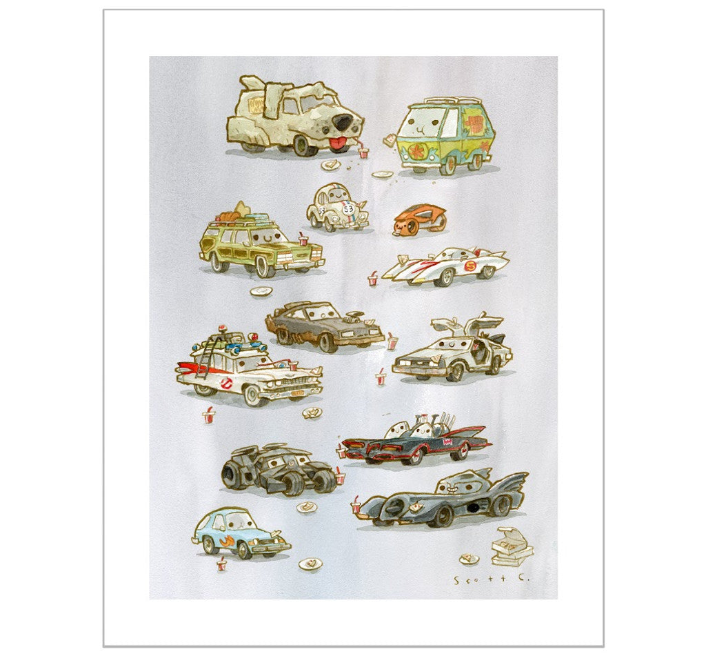 A whimsical Scott C. illustration of famous driving machines and TV cars with cartoon faces eating hamburgers, arranged in rows on white. This archival pigment print is signed and numbered by the artist in the bottom right corner.