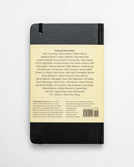 The back cover of this Paragon Books sketchbook features a beige sticker listing renowned international artists from the Paragon Project, their names elegantly in black. This black sketchbook with a sleek black elastic band on the right celebrates creativity and collaboration with Spoke Art.