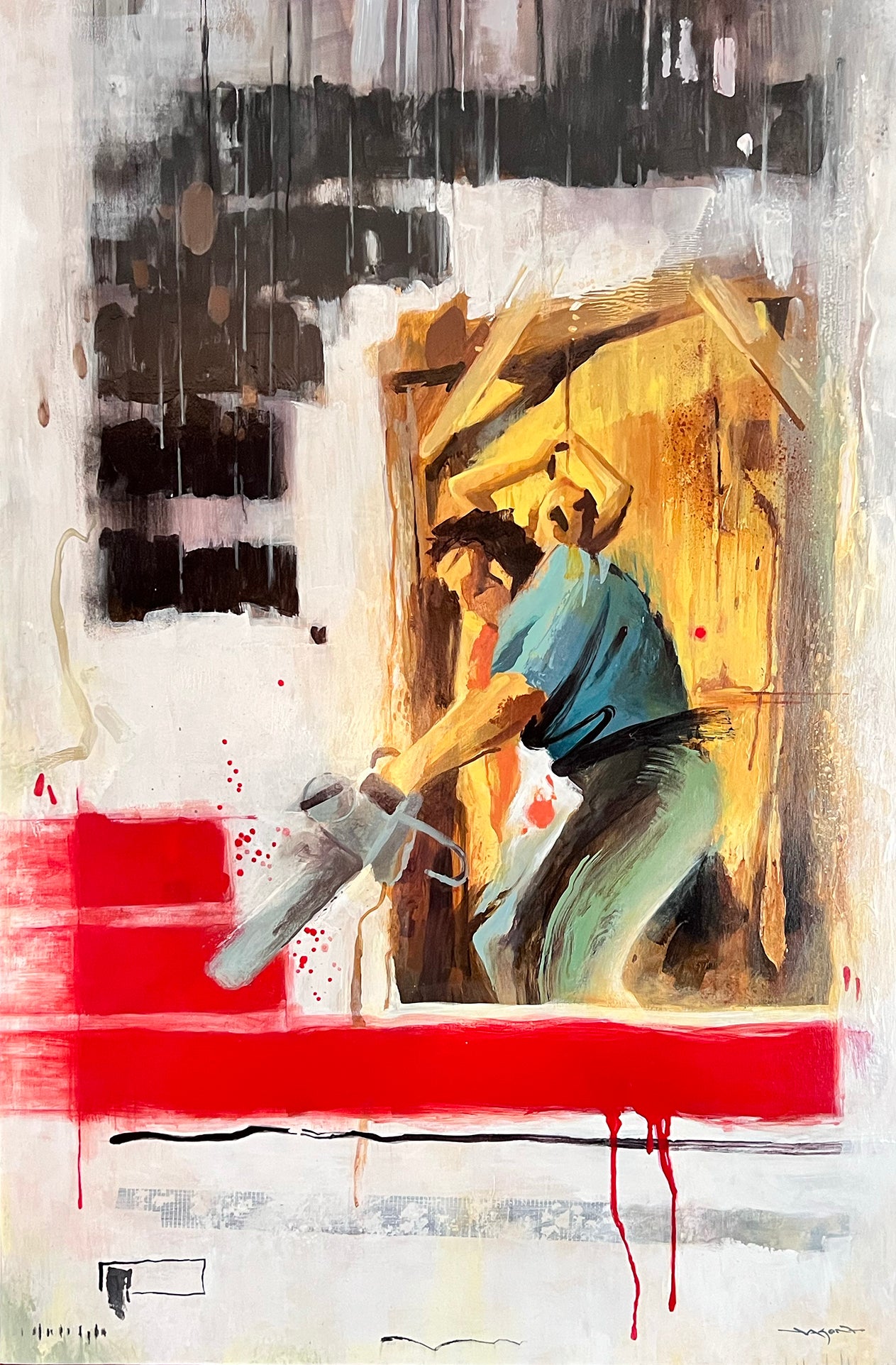 A Spoke Art painting by Jason Edmiston shows a figure in a blue shirt and dark pants with a chainsaw against a dripping red and black background, painted in acrylic on wood panel with rustic yellow and brown tones hinting at Texas Chainsaw Massacre.