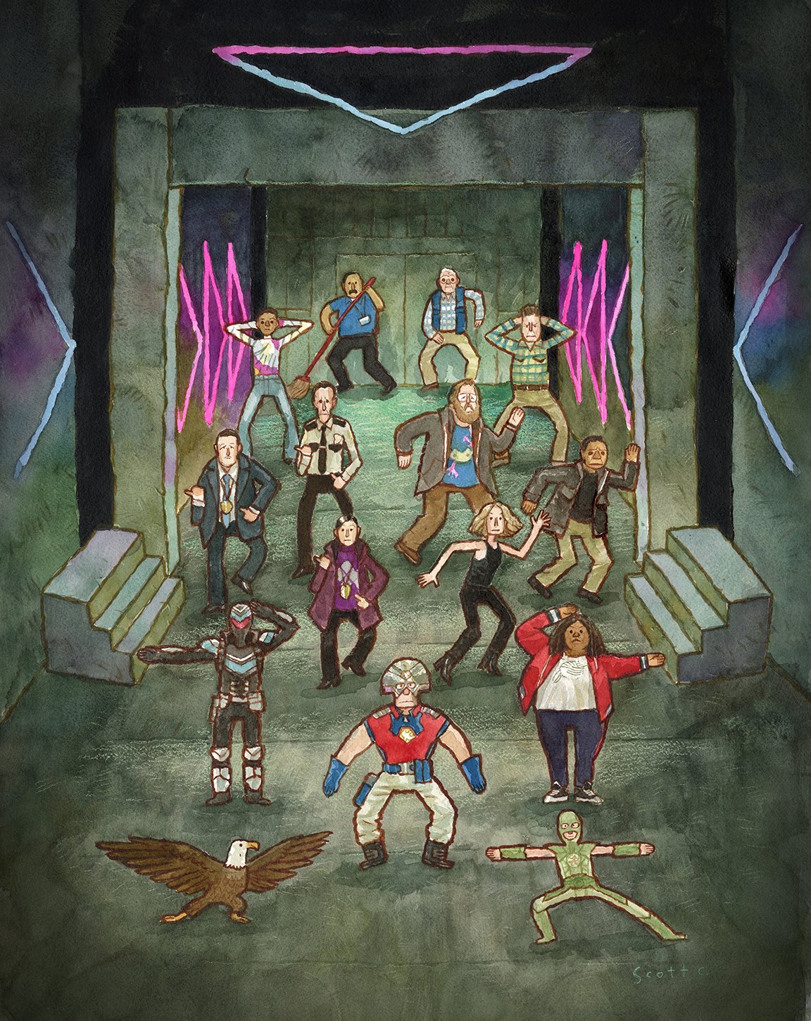 A group poses in dramatic dance stances inside a futuristic, dimly lit room with glowing purple lights and steps. In front, an eagle and two costumed characters evoke the signature style of Scott C., the renowned brand.