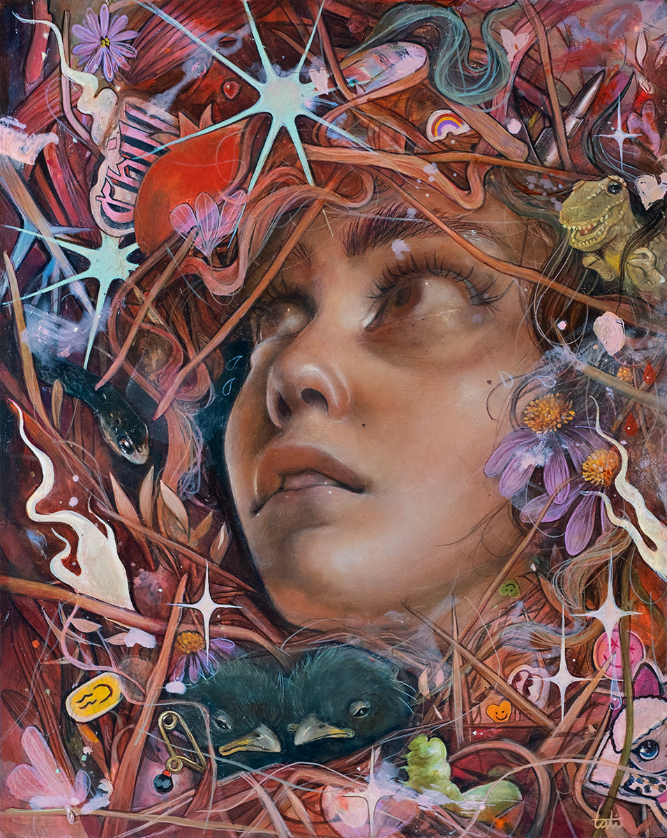 A vibrant oil on board by Tatiana Suarez, featured at Spoke Art's 15th Anniversary Show, portrays a woman gazing upward amid swirling colors, plants, flowers, and animals in a surreal, dreamlike scene.