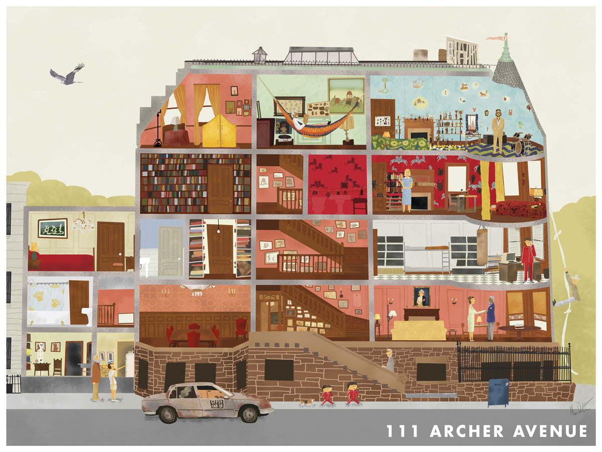 Illustration of a multi-story building with various rooms and activities on each floor, labeled '111 Archer Avenue'.