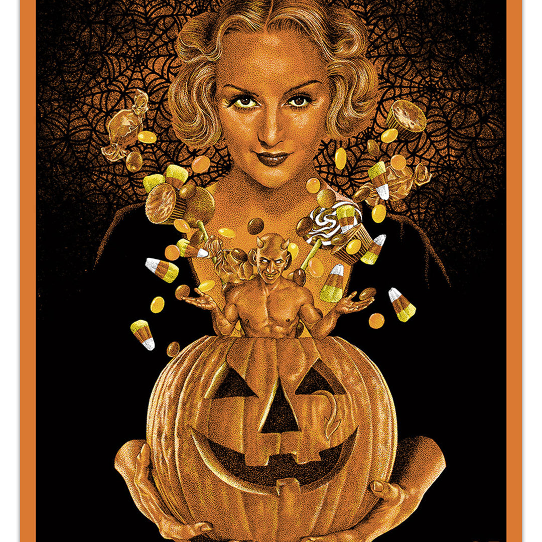 A woman with wavy blonde hair holds a jack-o’-lantern as candy, coins, and an imp burst out. Web-like patterns set the backdrop in this bold orange and black Halloween print by Timothy Pittides.