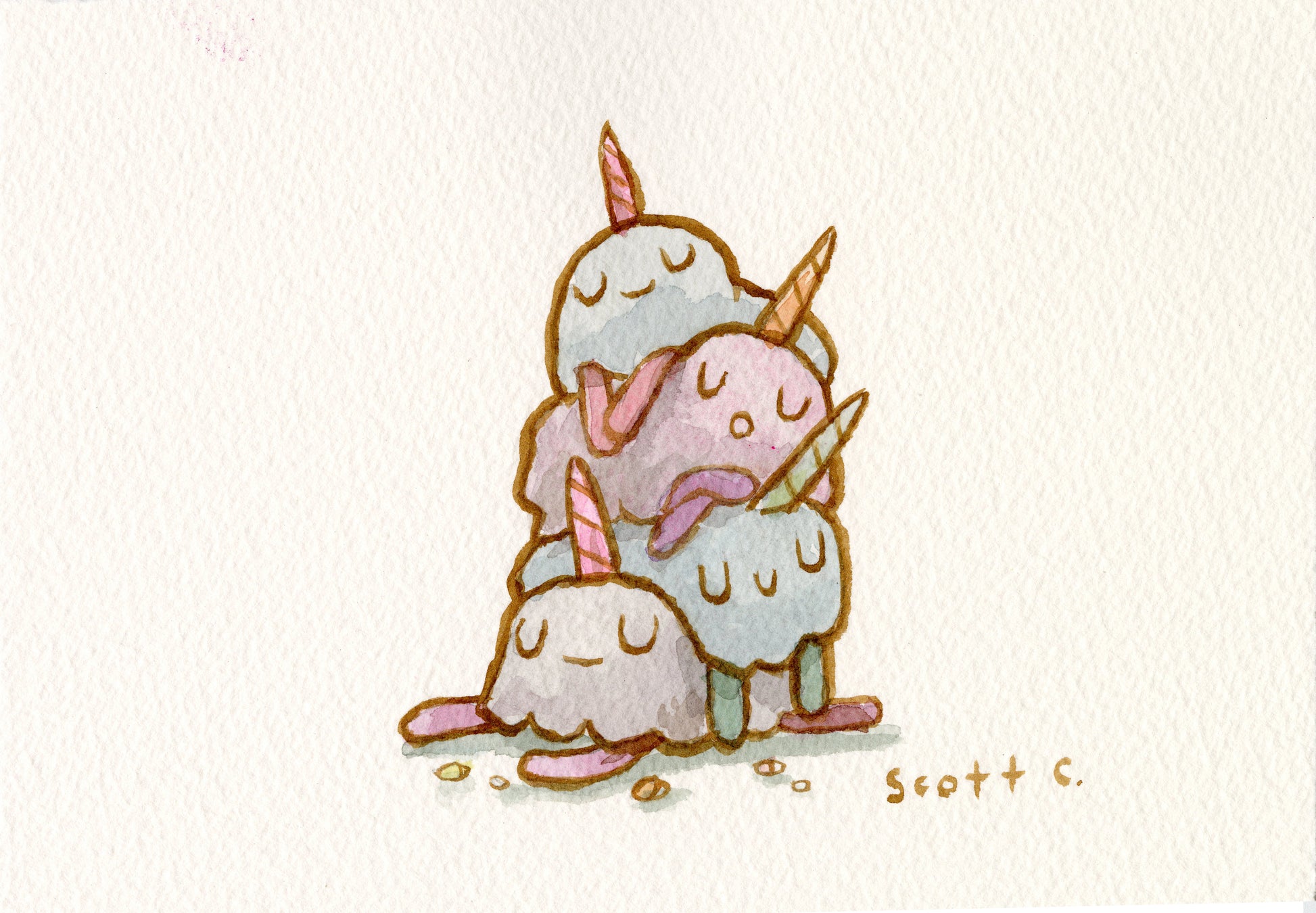 Four pastel unicorns with closed eyes are stacked in a cozy pile. This soft watercolor illustration, signed Scott C., is a whimsical piece from the Scott C. Unicorn Stack series. Brand: Scott C.