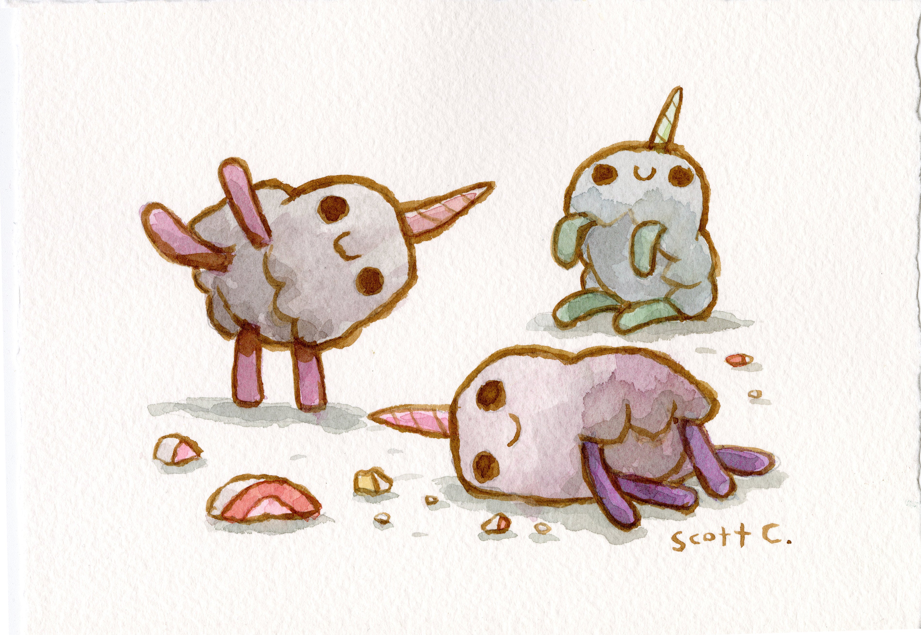 Three adorable, fluffy creatures with unicorn horns and stick legs play against a light backdrop in this whimsical Scott C. watercolor; one stands on its head, one smiles, and one reclines among colorful crumbs—a true Unicorn Dance.