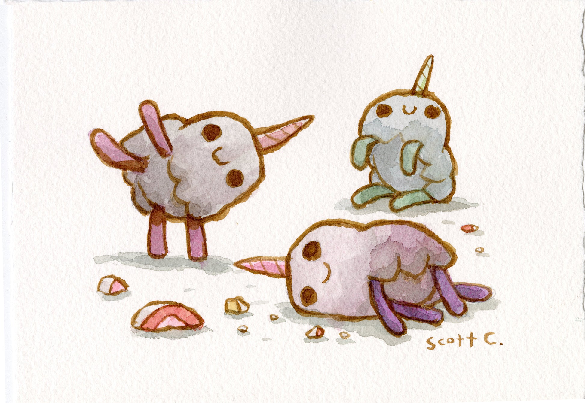 Three adorable, fluffy creatures with unicorn horns and stick legs play against a light backdrop in this whimsical Scott C. watercolor; one stands on its head, one smiles, and one reclines among colorful crumbs—a true Unicorn Dance.