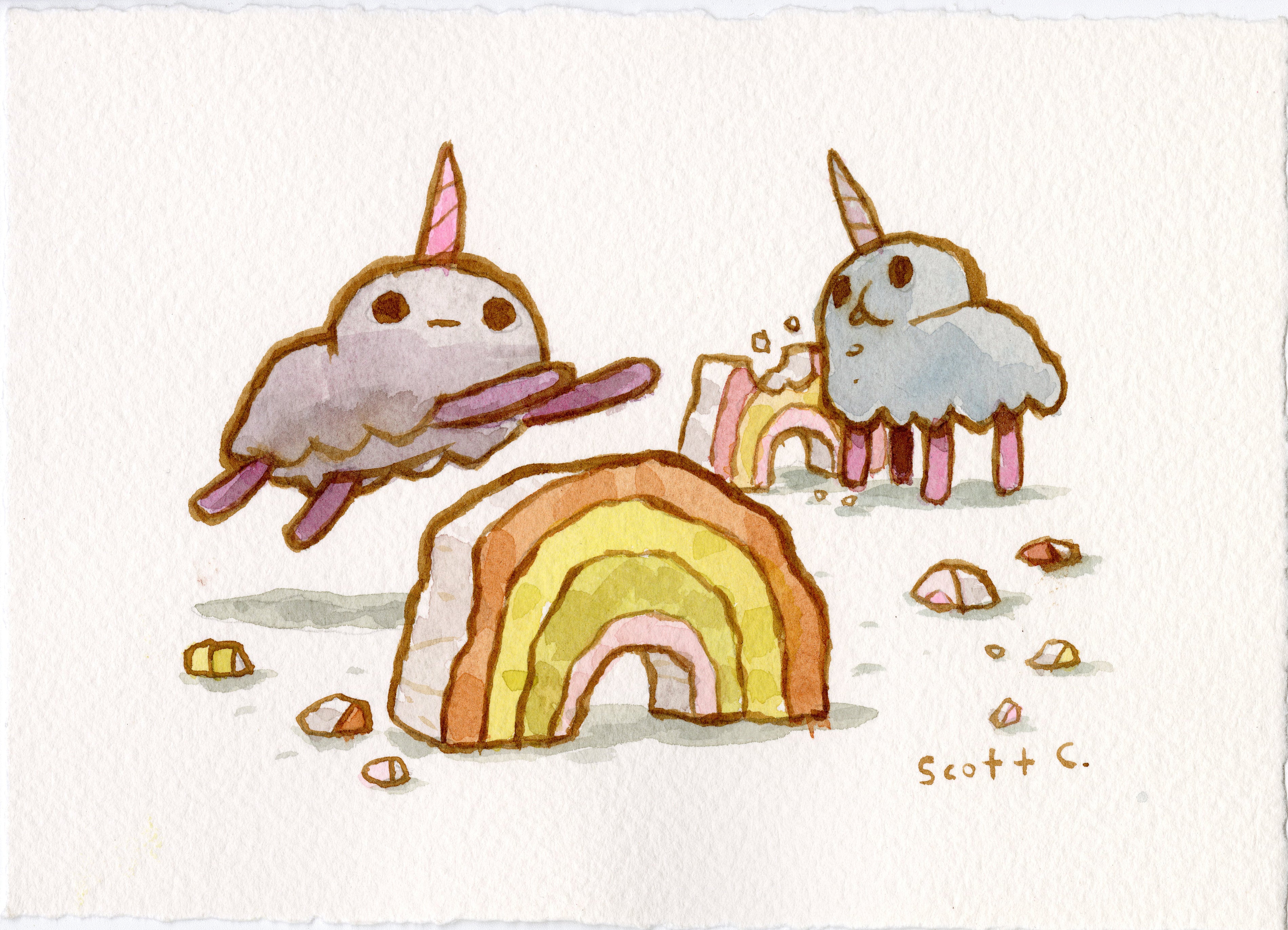 Two adorable, fluffy unicorn-like creatures with cloud bodies and pastel horns play near a broken stone rainbow amid colorful debris. This whimsical scene resembles a gentle watercolor in the playful Scott C. style.