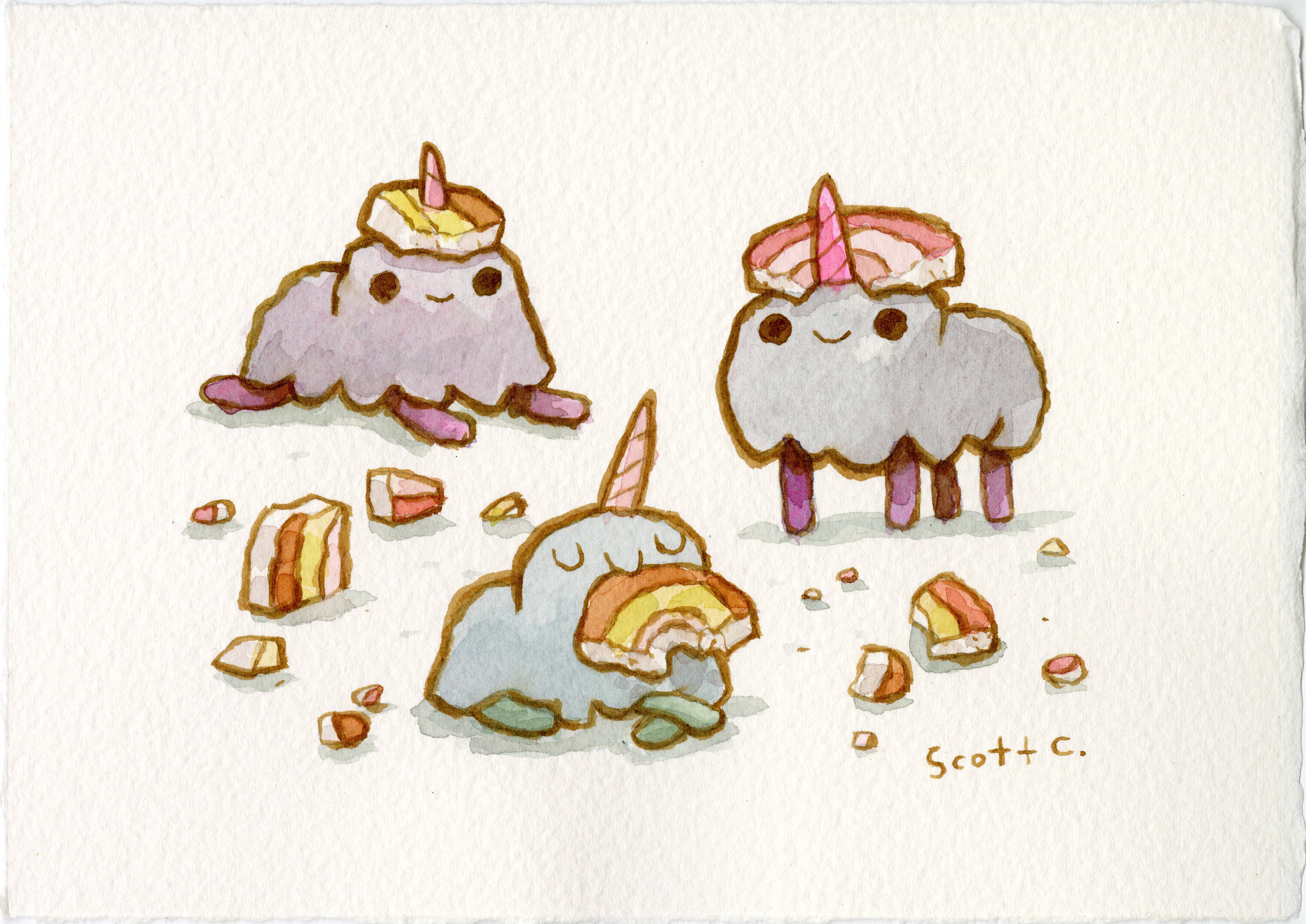 Three adorable, cartoon-style creatures with unicorn horns and pie slices on their heads enjoy pie in this cheerful Unicorn Snack watercolor scene by Scott C. Pie crumbs surround them as one eats a slice; all look happy. Brand: Scott C.