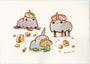 Three adorable, cartoon-style creatures with unicorn horns and pie slices on their heads enjoy pie in this cheerful Unicorn Snack watercolor scene by Scott C. Pie crumbs surround them as one eats a slice; all look happy. Brand: Scott C.