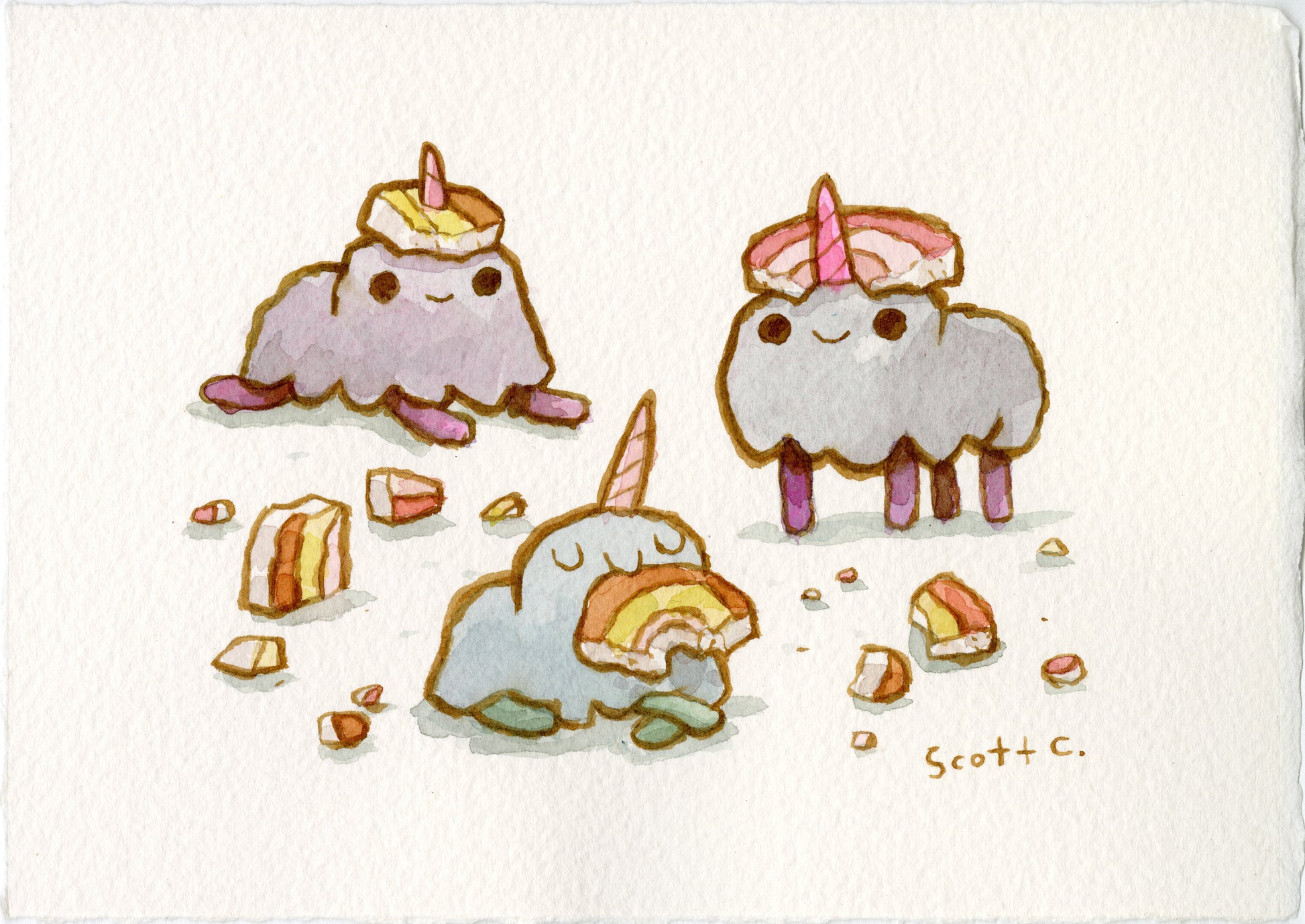 Three adorable, cartoon-style creatures with unicorn horns and pie slices on their heads enjoy pie in this cheerful Unicorn Snack watercolor scene by Scott C. Pie crumbs surround them as one eats a slice; all look happy. Brand: Scott C.