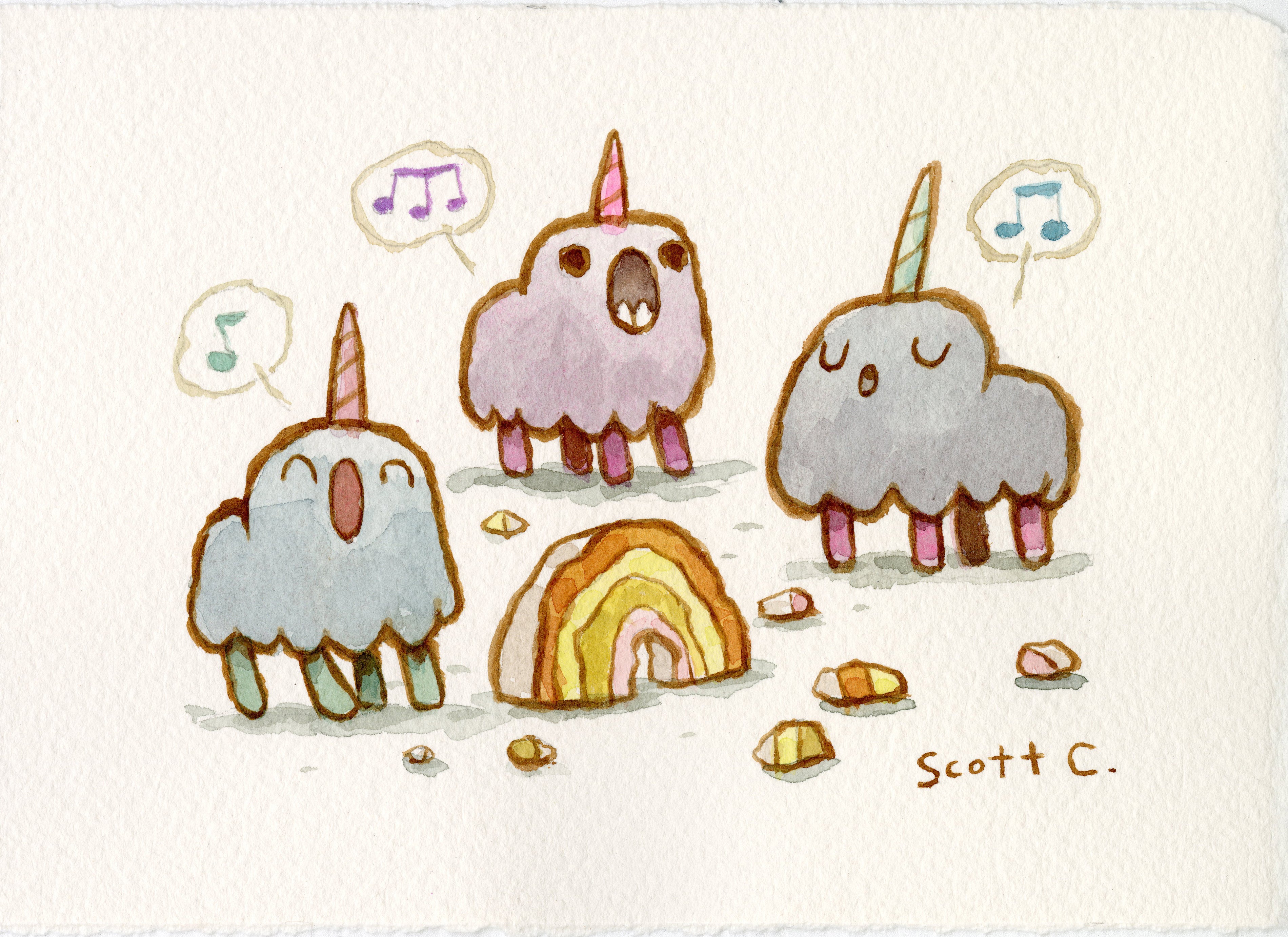 Three cartoon creatures with unicorn horns, fluffy bodies, and short legs sing Unicorn Songs near a rainbow and colorful rocks. Musical notes float above them in this whimsical Scott C. creation.