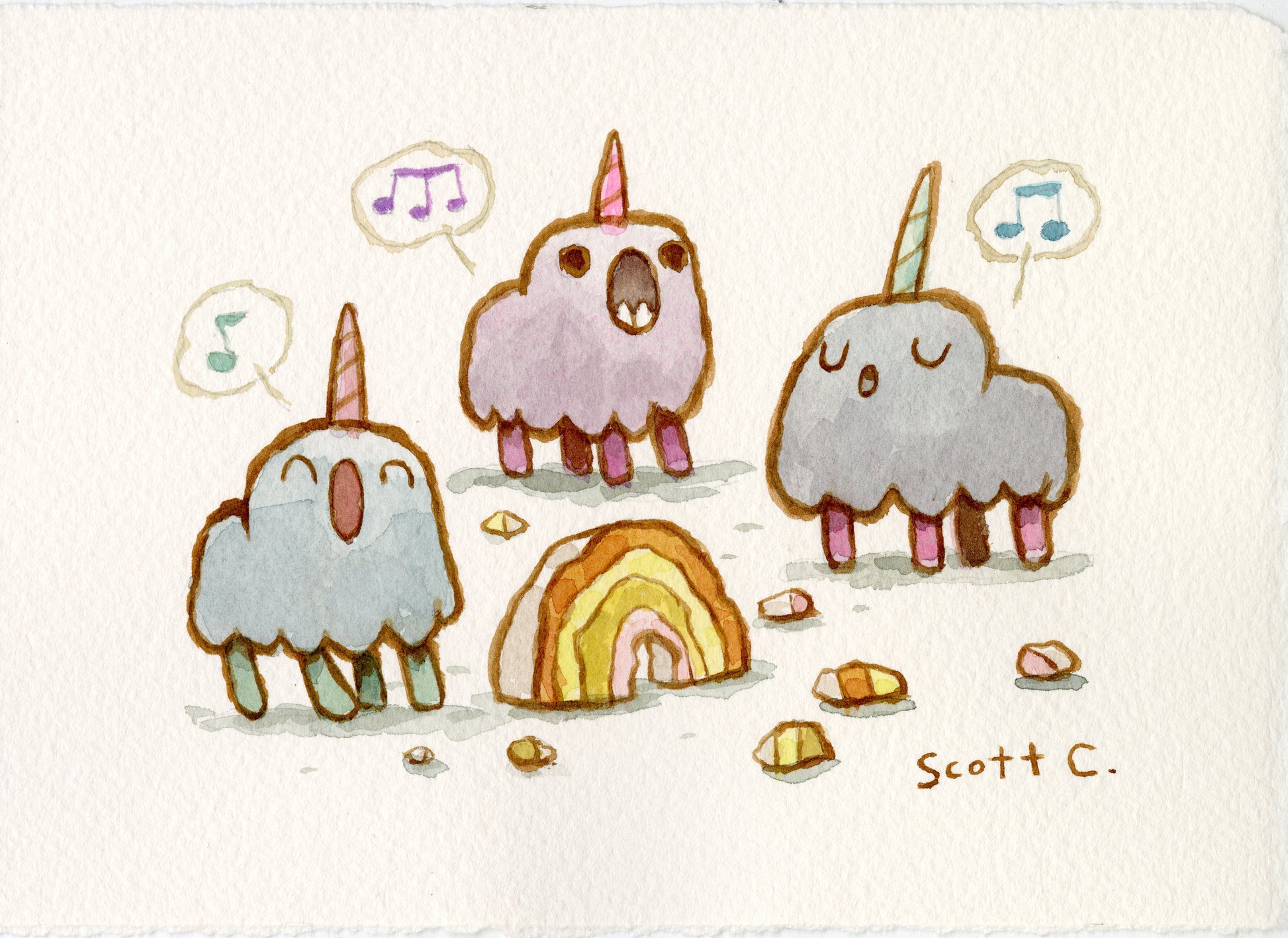 Three cartoon creatures with unicorn horns, fluffy bodies, and short legs sing Unicorn Songs near a rainbow and colorful rocks. Musical notes float above them in this whimsical Scott C. creation.