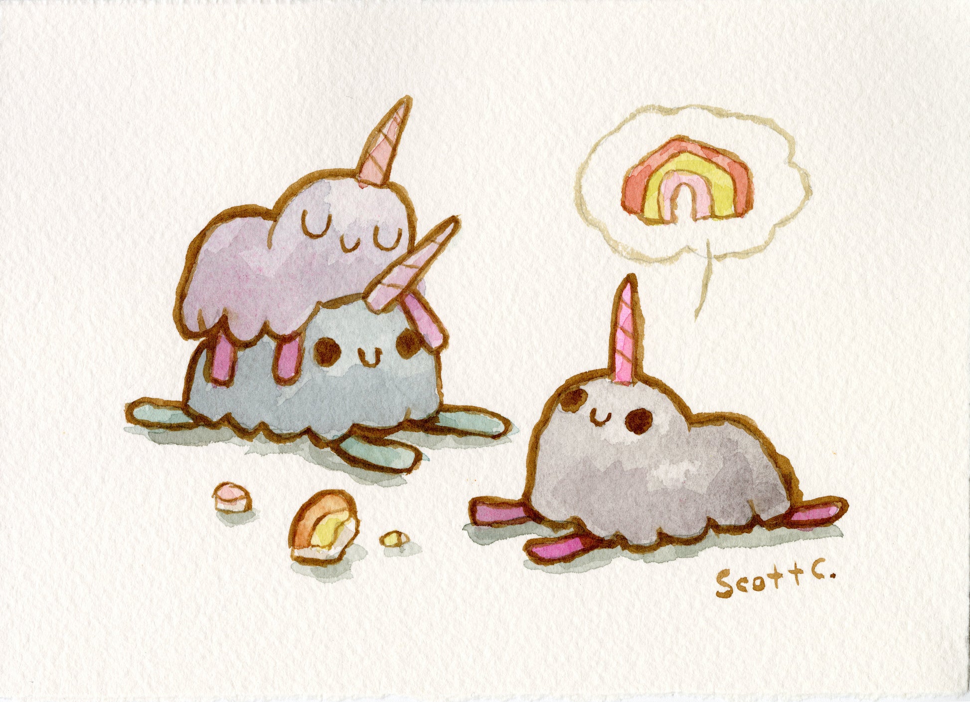 Three adorable, fluffy narwhals with pastel horns lounge together in this Scott C. watercolor. One naps atop another while the third smiles with a rainbow thought bubble, surrounded by scattered colorful stones.