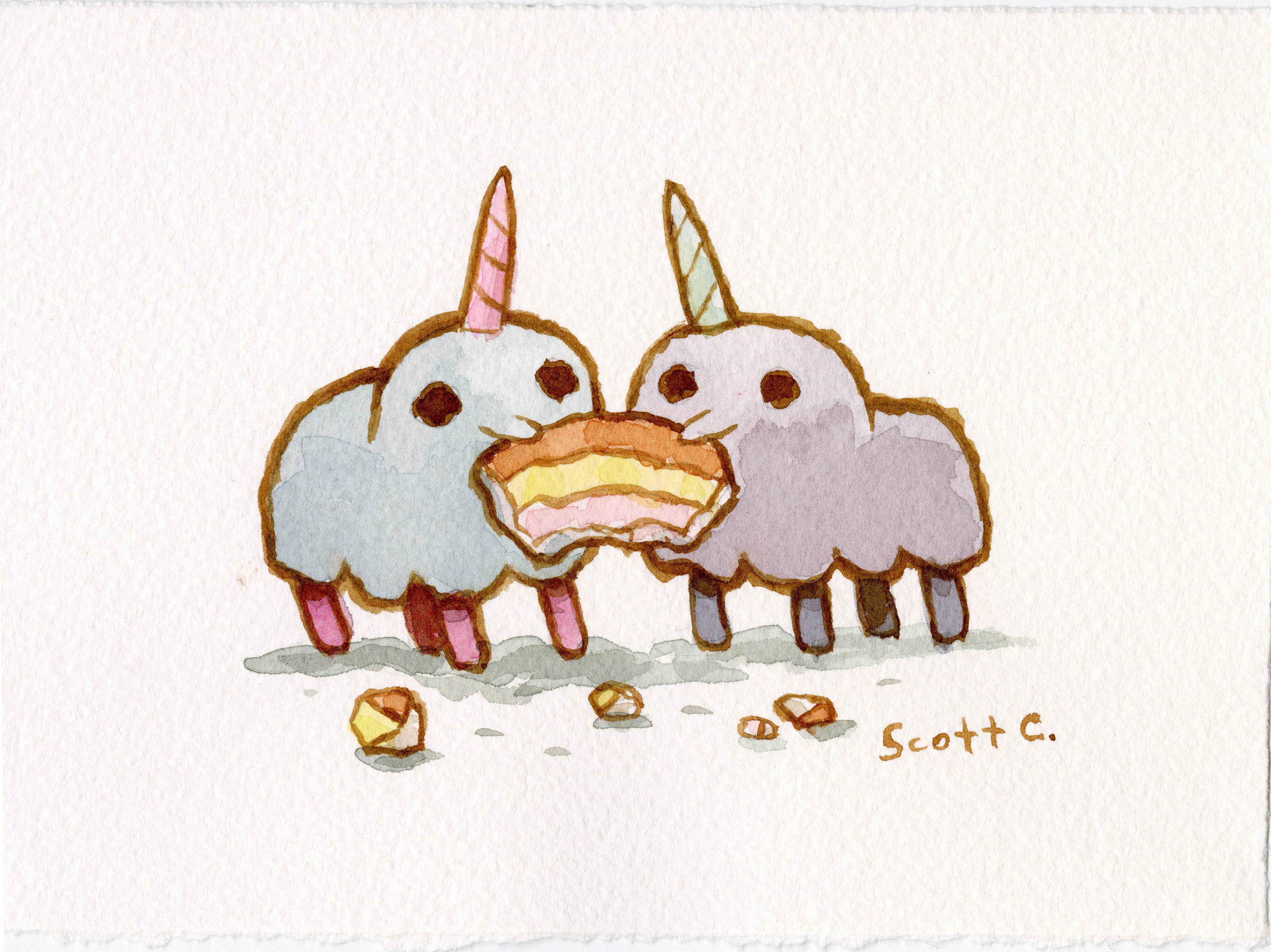 Two cute, fluffy unicorns with small legs share a layered cake slice, surrounded by crumbs. Unicorn Share is a charming watercolor on paper, signed by Scott C., from the Scott C. brand.