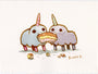 Two cute, fluffy unicorns with small legs share a layered cake slice, surrounded by crumbs. Unicorn Share is a charming watercolor on paper, signed by Scott C., from the Scott C. brand.