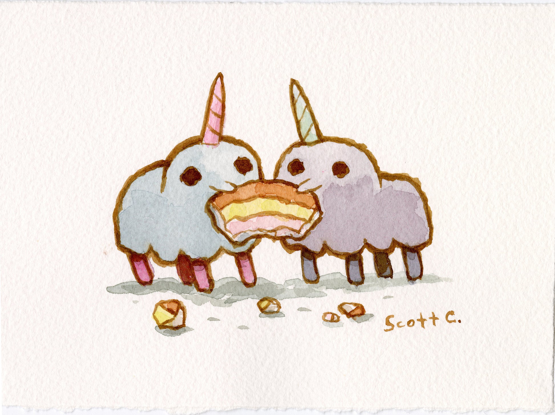 Two cute, fluffy unicorns with small legs share a layered cake slice, surrounded by crumbs. Unicorn Share is a charming watercolor on paper, signed by Scott C., from the Scott C. brand.