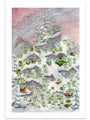 Scott C.’s archival pigment print showcases small, big-eyed green creatures skiing, sledding, and building igloos on a snow-covered mountain top filled with trees and rocks.