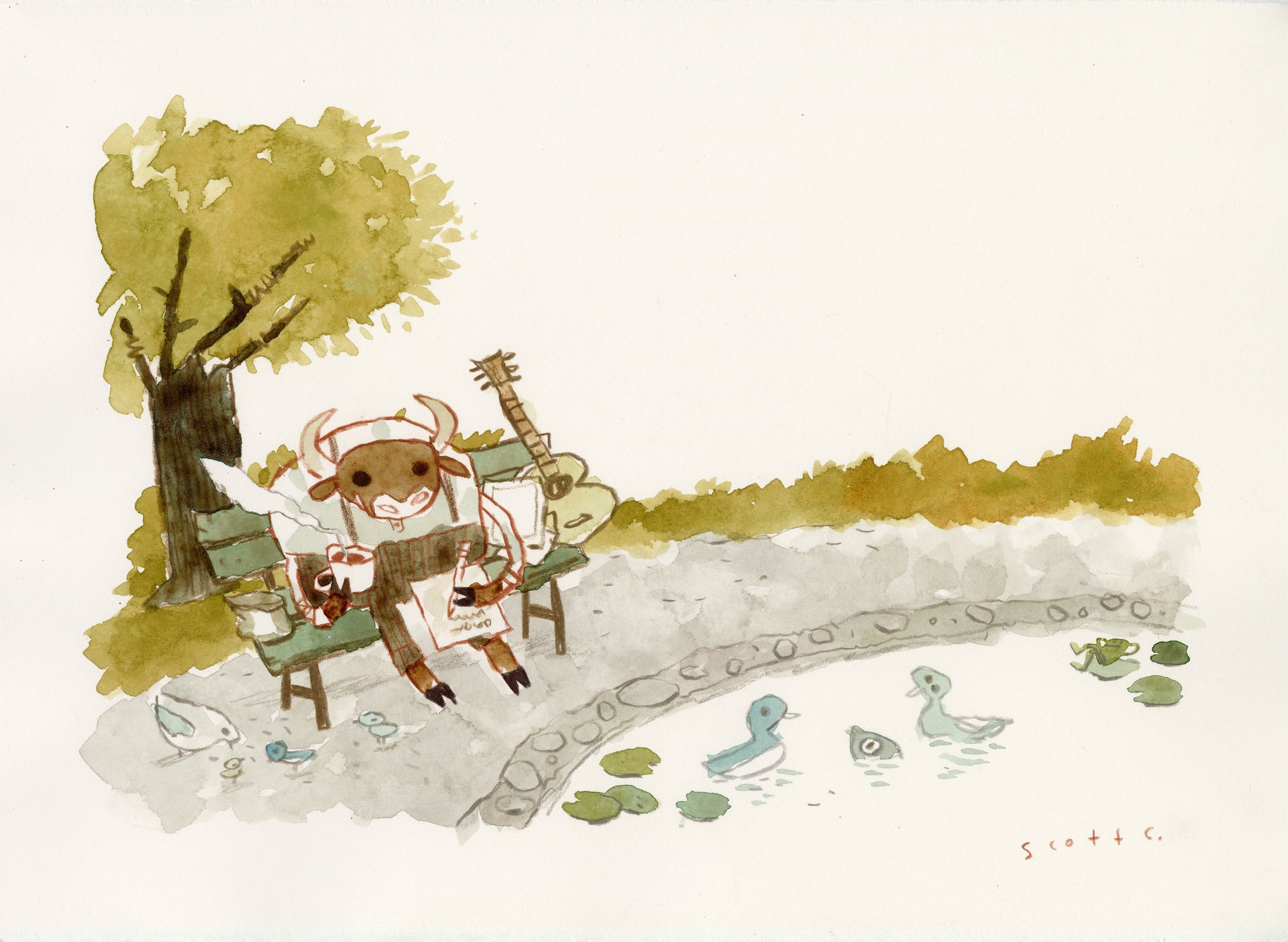 A Scott C. watercolor and colored pencil illustration depicts a bull sitting on a park bench by a pond, drink in hand, reading a newspaper. A guitar sits nearby as three blue ducks swim under the shade of a lush tree.