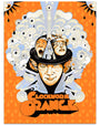 Yoazs limited edition surreal poster showcases an orange and black theme with a central figure in a bowler hat and multiple expressive faces. Psychedelic patterns fill the background, with the text Clockwork Orange. Each archival pigment print is hand-numbered for authenticity.