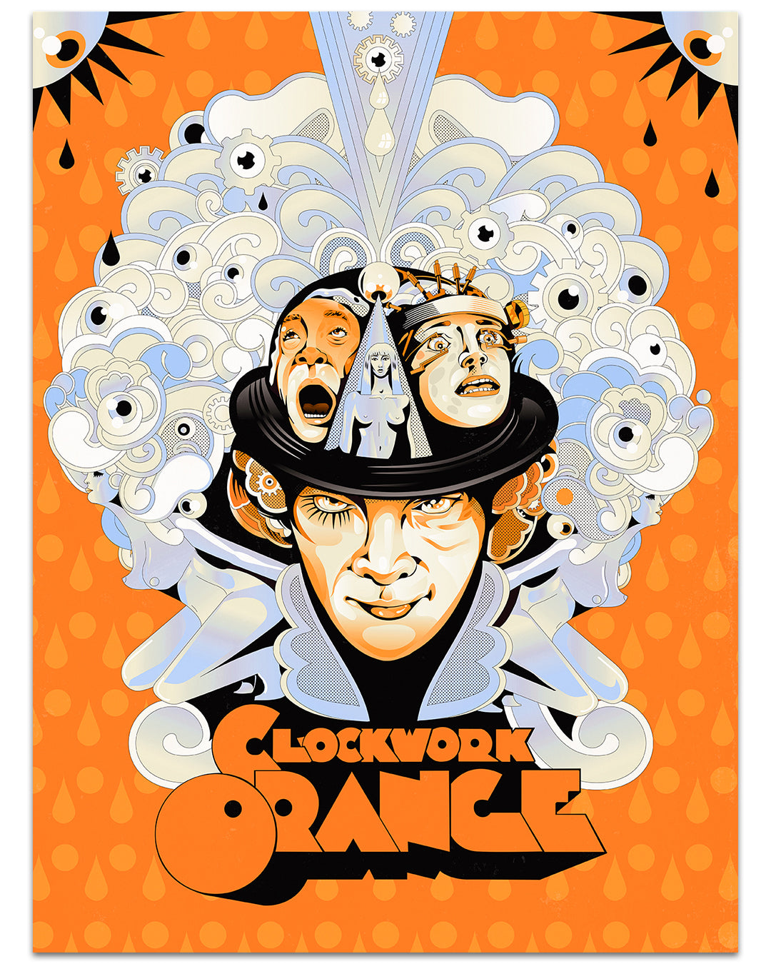 Yoazs limited edition surreal poster showcases an orange and black theme with a central figure in a bowler hat and multiple expressive faces. Psychedelic patterns fill the background, with the text Clockwork Orange. Each archival pigment print is hand-numbered for authenticity.