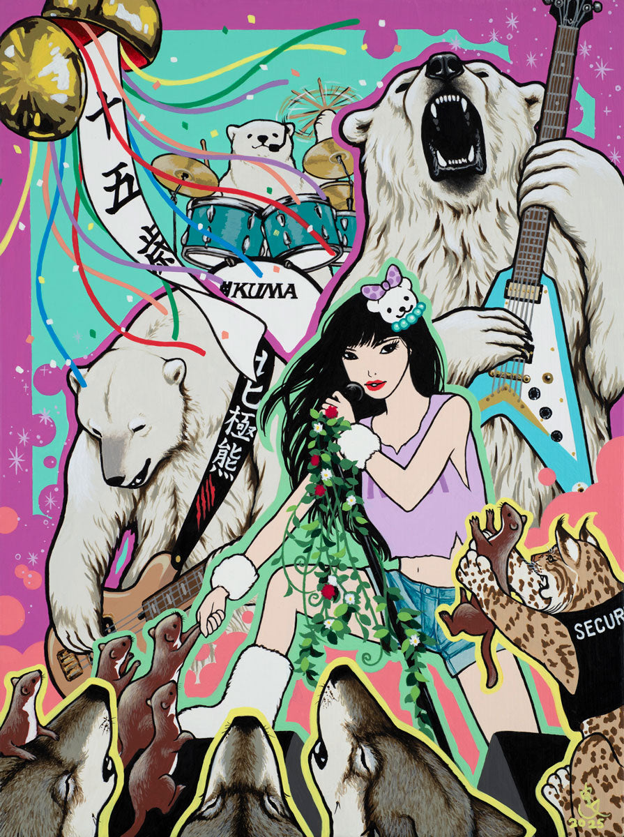 A vibrant, surreal acrylic-on-wood artwork for Spoke Art depicts a woman singing with howling wolves, polar bears playing guitar and drums, confetti, musical notes, and a security figure.