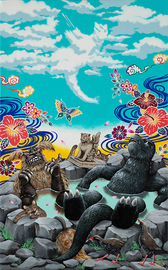 Painting of Godzilla laying in a hot spring with another monster and several cats surrounding the spring and birds with flowers painted in the background