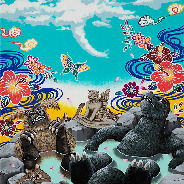 Painting of Godzilla laying in a hot spring with another monster and several cats surrounding the spring and birds with flowers painted in the background