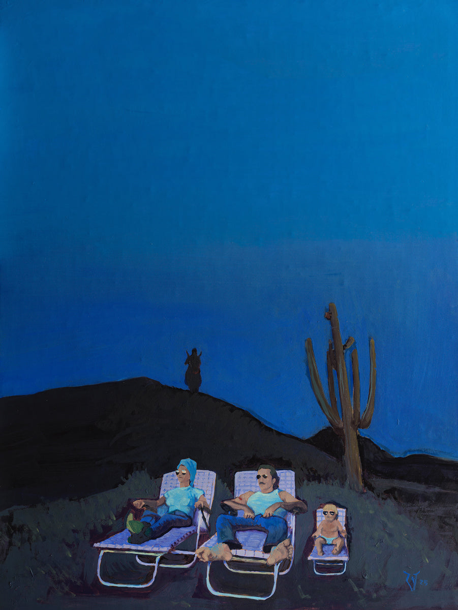Three people—two adults and a child—relax on lounge chairs beneath a deep blue evening sky in a desert landscape with a cactus and hill nearby. Outdoors together, they enjoy the scene. Artwork by Spoke Art.