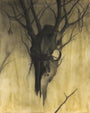A large animal skull hangs from twisted branches against a yellow foggy backdrop, with a small charm—bringing the eerie Land of Carcosa to life for the Spoke Art 15th Anniversary Show.