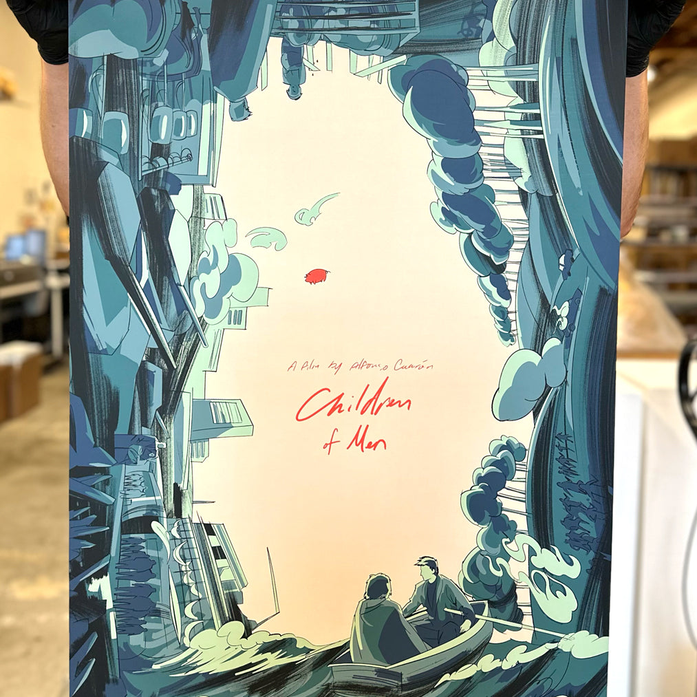 The Children of Men poster by Zi Xu is an artistic screen print showcasing two people in a boat amidst turbulent waters with overhead buildings and clouds. The design highlights shades of blue and green, accented by red text. Each print is hand-numbered.