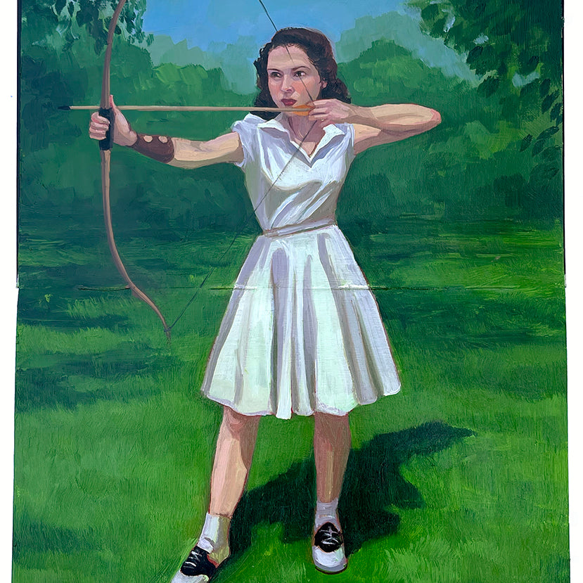 painting in an open face Moleskine notebook of a woman dressed in a white shirt and skirt and oxford shoes aiming a bow and arrow in a vivid green landscape by artist Zoe Hawk