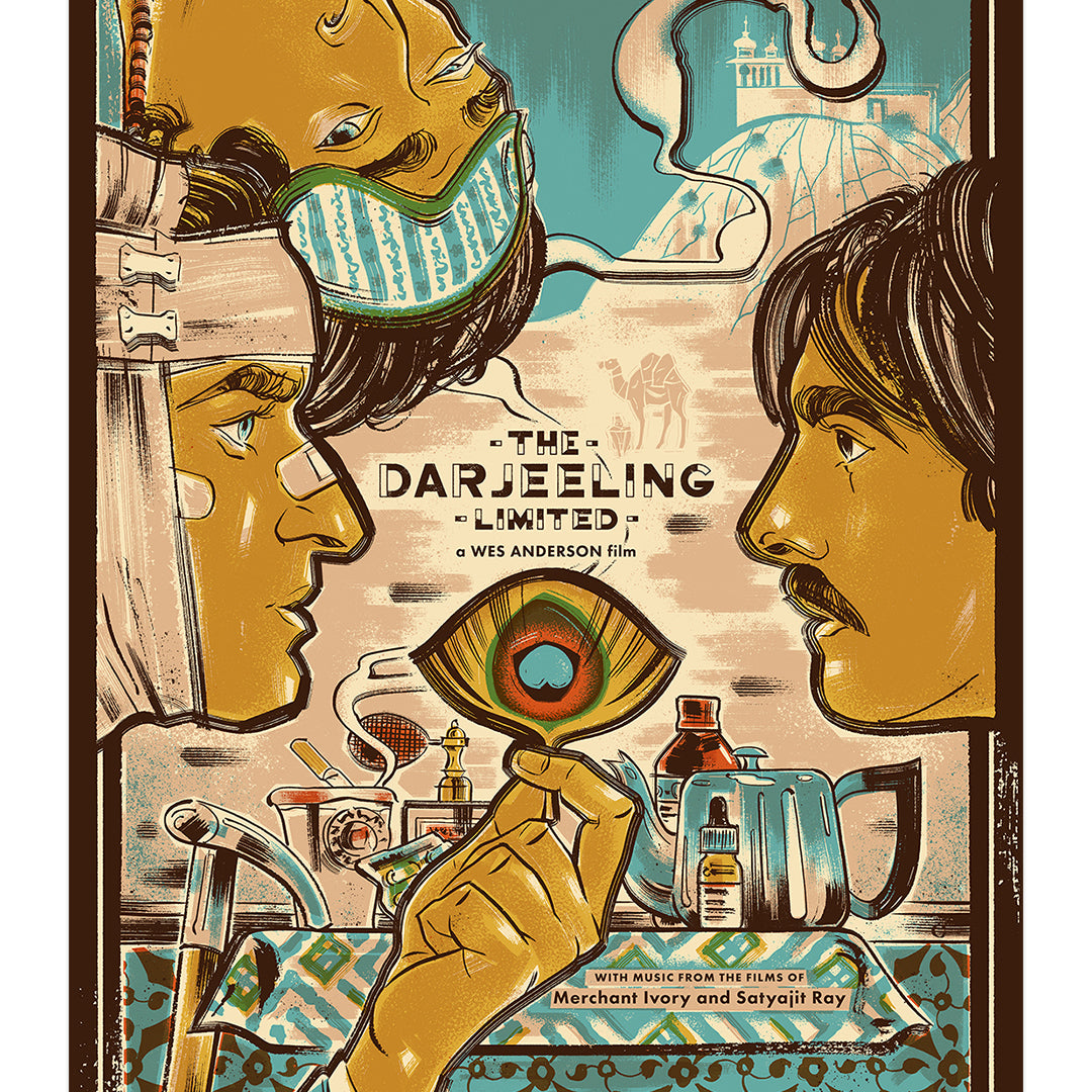 Anne Benjamins screen-printed movie poster for The Darjeeling Limited features three men, an eye in the center, a train, tea, and luggage in a blue, yellow, and brown palette. This Wes Anderson tribute is ideal for art exhibitions.