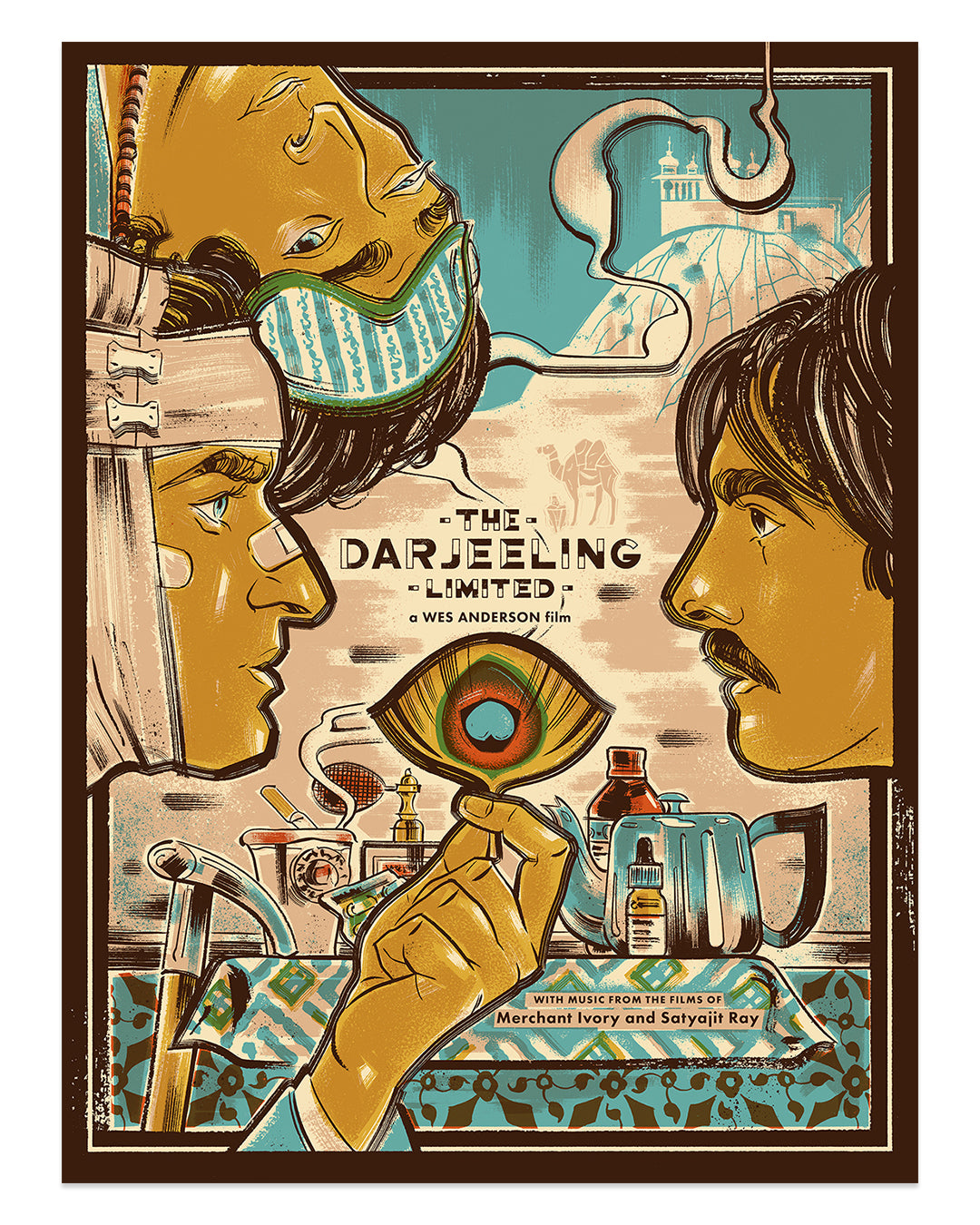 Anne Benjamins screen-printed movie poster for The Darjeeling Limited features three men, an eye in the center, a train, tea, and luggage in a blue, yellow, and brown palette. This Wes Anderson tribute is ideal for art exhibitions.