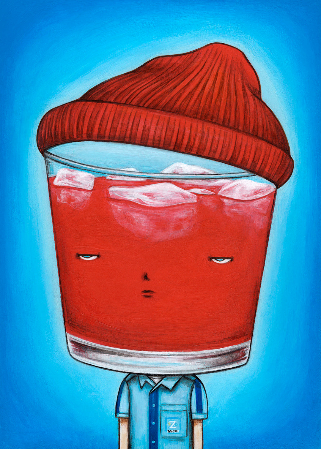 This acrylic painting by Anna Tillett whimsically illustrates a glass of Campari on the Rocks adorned with tired eyes and a red beanie, resting atop a small body in a blue shirt against a vivid blue backdrop.
