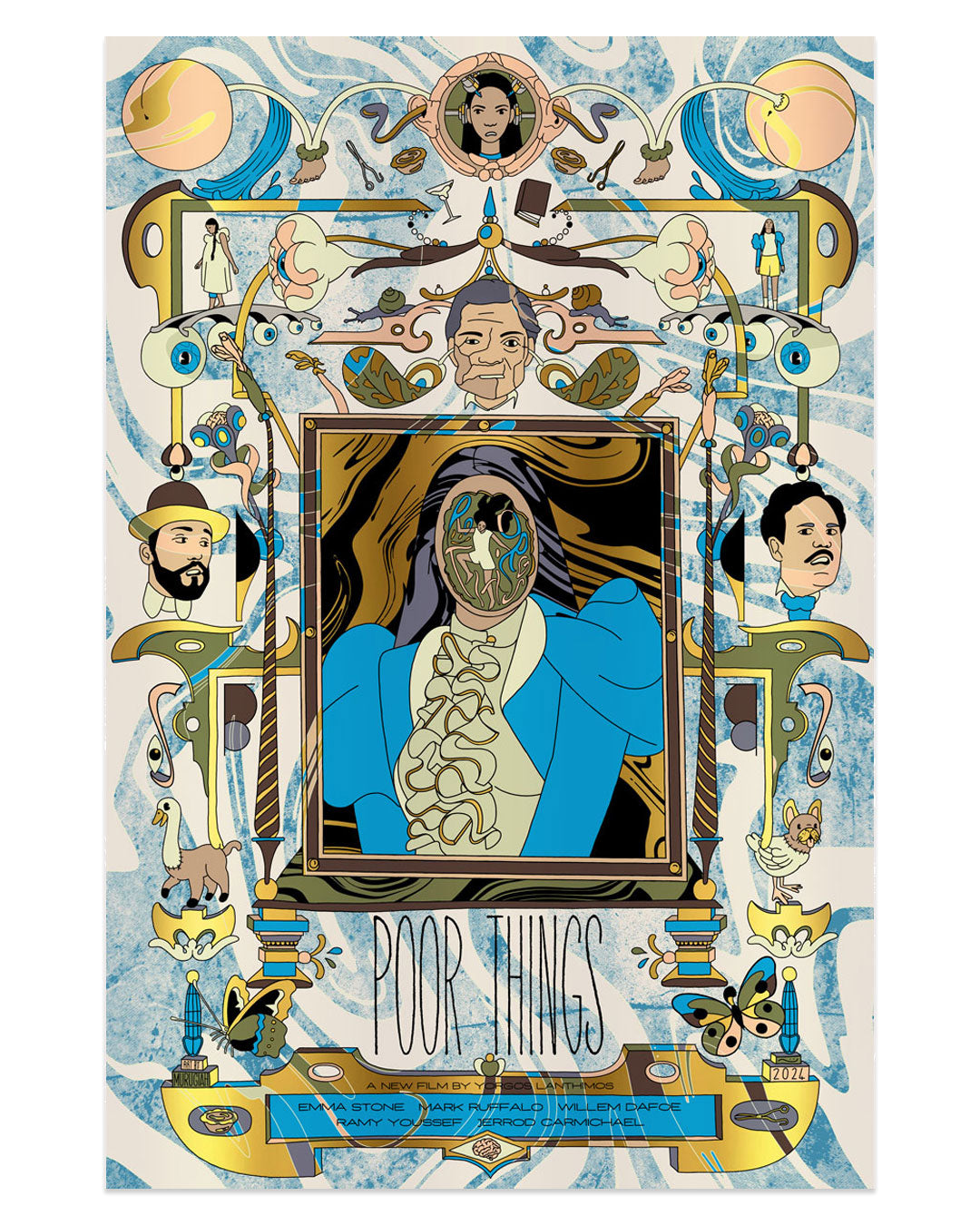 This art nouveau film poster by Murugiah features intricate designs and various character portraits. A central figure in blue attire is highlighted, surrounded by ornamental borders and illustrated elements. Its a stunning screen print available for pre-order.