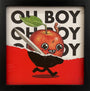 A cartoon apple with a face, arms, and legs runs excitedly holding a knife as a worm pops out. Behind it, “OH BOY” repeats in large black letters—art by Mike Mitchell for Spoke Art. Brand: Spoke Art.
