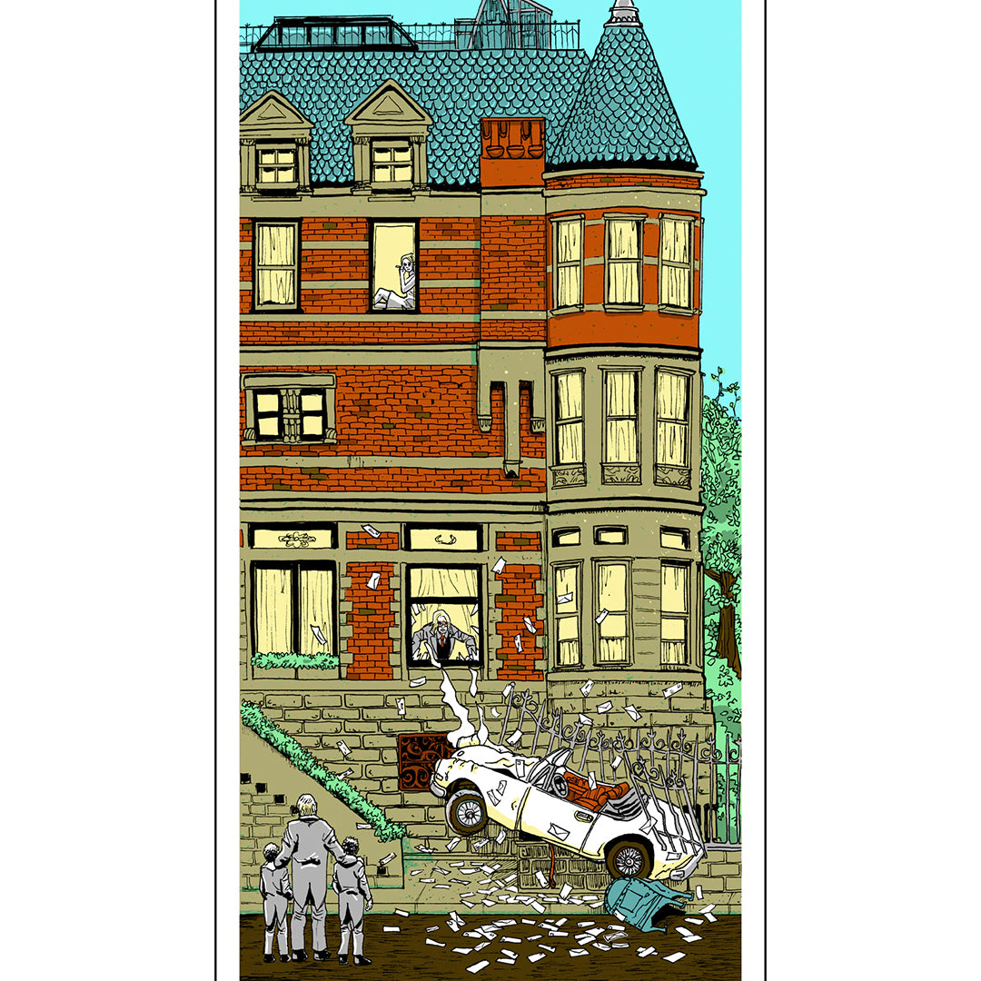 Tim Doyles screen print The Death of Buckley depicts a vintage car crashed into a brick building. Three suited figures stand nearby as one peers from above; broken glass and debris surround the tower-like corner feature.