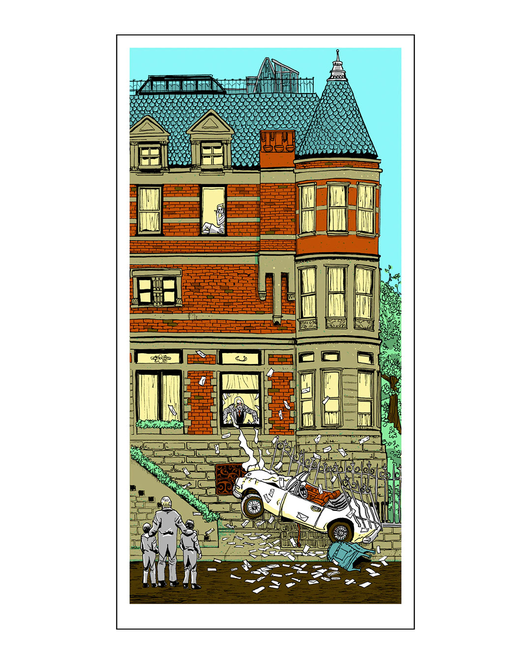 Tim Doyles screen print The Death of Buckley depicts a vintage car crashed into a brick building. Three suited figures stand nearby as one peers from above; broken glass and debris surround the tower-like corner feature.