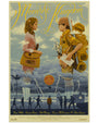 Chris Koehlers archival pigment print from the Bad Dads exhibition showcases an illustrated Moonrise Kingdom poster with a girl and boy in profile. The boy, wearing a khaki scout uniform and backpack, stands against a stormy backdrop with lightning and leg-like structures. Inspired by Wes Anderson.